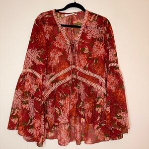 LA BELLUM HILLARY SCOTT Boho Red Floral Sheer Bell Sleeves Peasant Blouse Top